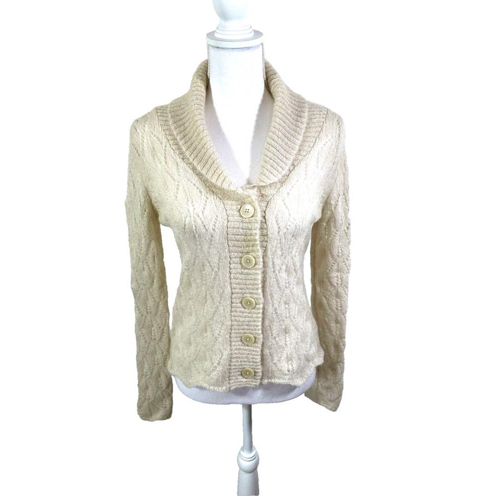 Ann Taylor Loft Ivory Open-Knit Button Up Mohair Cardigan Sweater Sz S